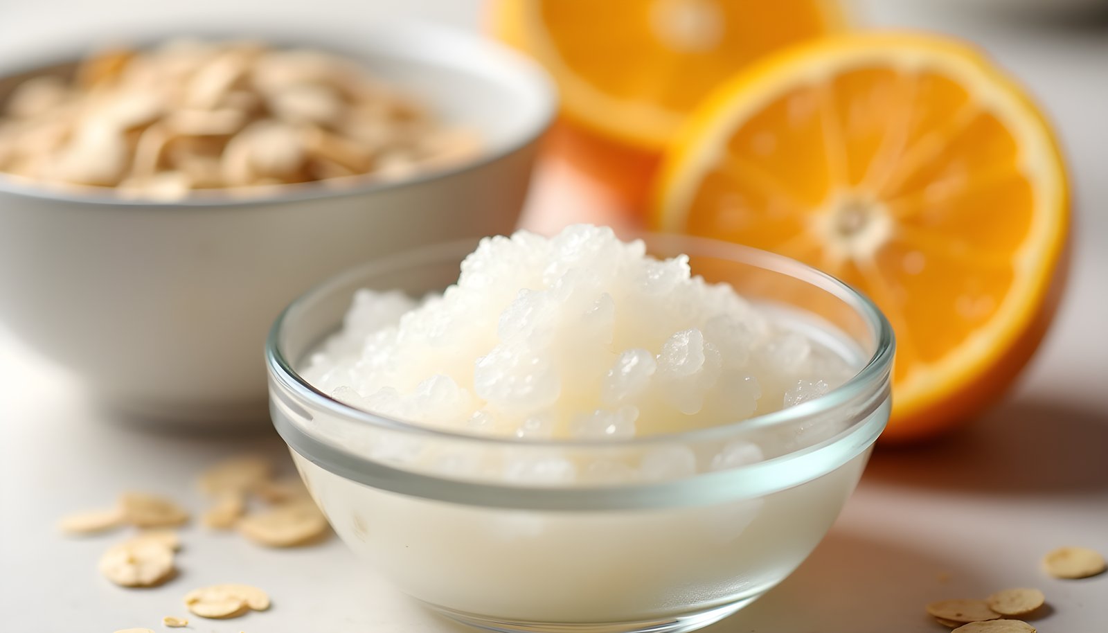 Gel forming soluble fiber shown with a glass bowl of thick clear psyllium gel beside a bowl of oats and a halved orange