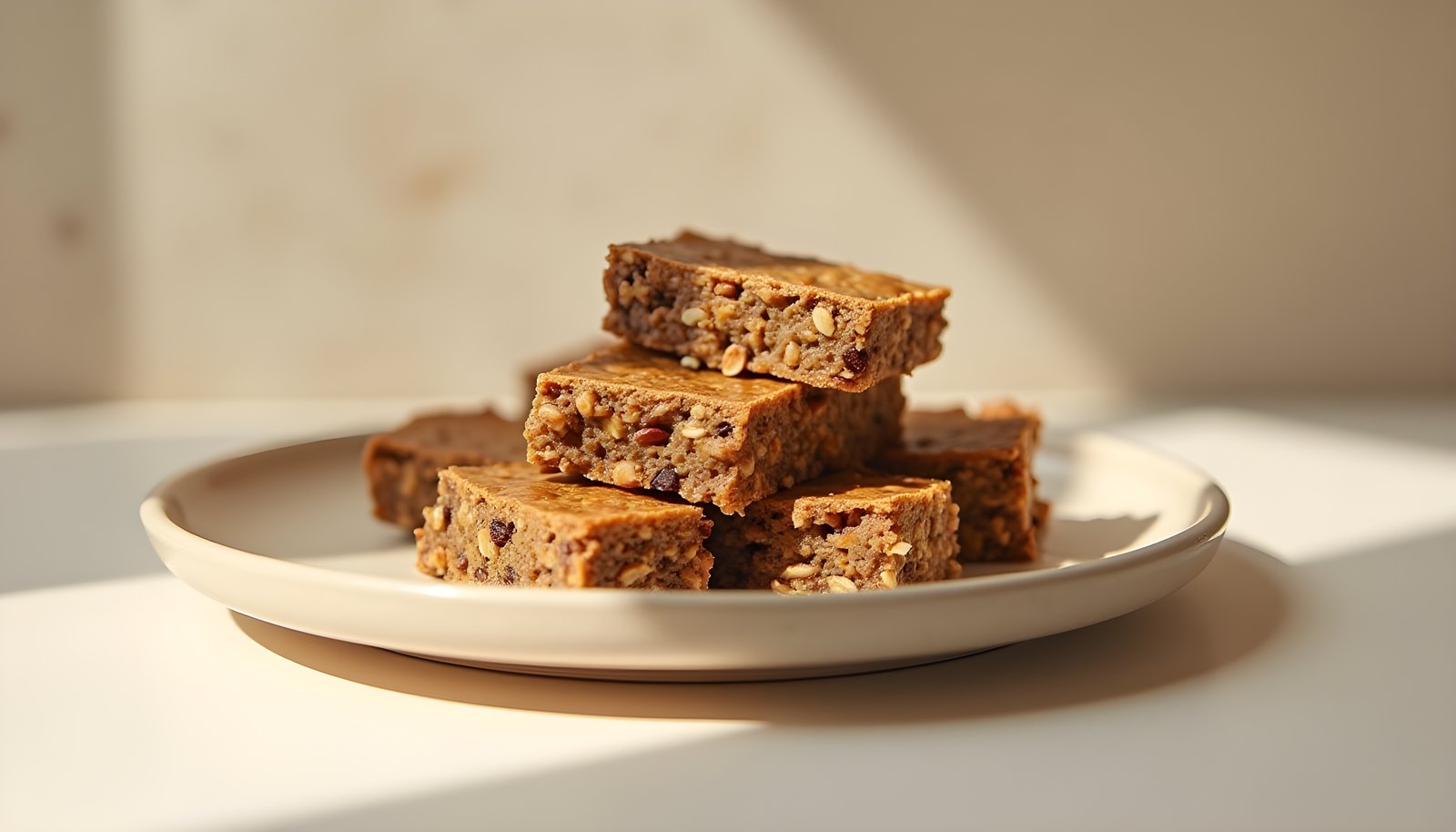 Protein bars with added fiber shown as a stack of chewy oat and nut bars on a cream colored plate on a light table