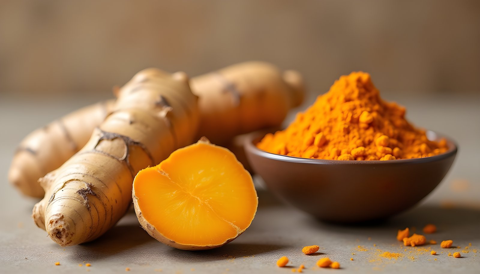 Turmeric fiber shown with fresh turmeric roots, one cut open to show the orange center, and a bowl of ground turmeric