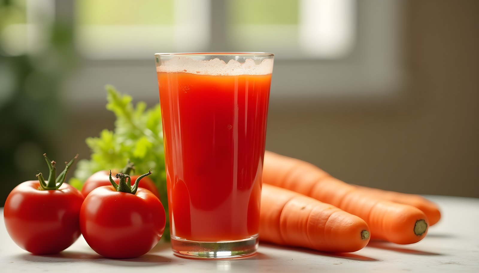 Vegetable juice fiber shown with a tall glass of red vegetable juice beside ripe tomatoes and whole carrots