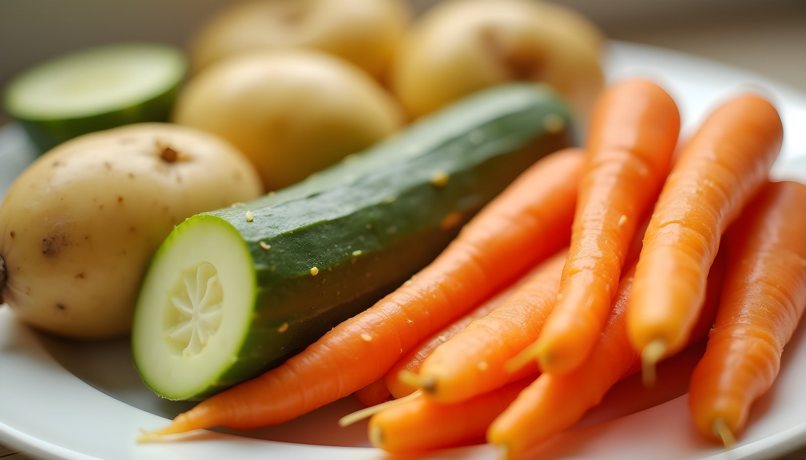Vegetable skin fiber shown with whole potatoes, a cucumber cut to show the dark green peel and unpeeled carrots