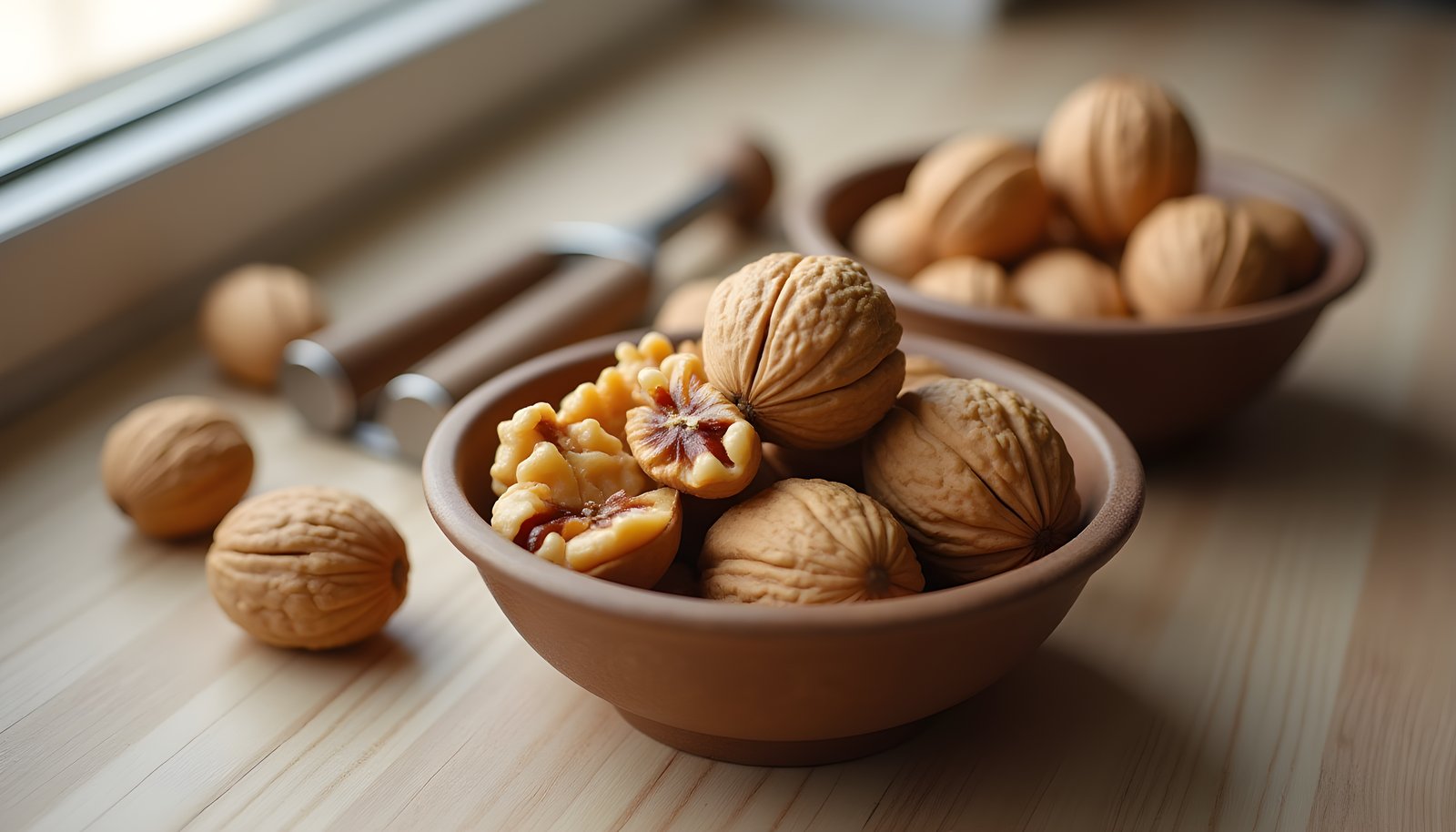 Walnut fiber shown with a bowl of walnuts in and out of the shell, whole walnuts on the table and a metal nutcracker