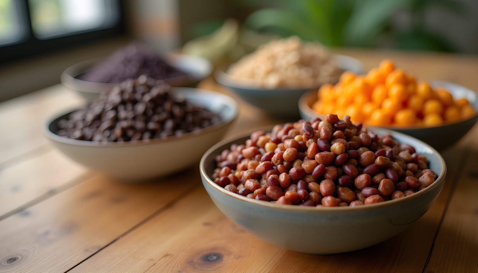 Foods high in fiber and protein in bowls on a wooden table: lentils, black beans, chickpeas, red beans and seeds