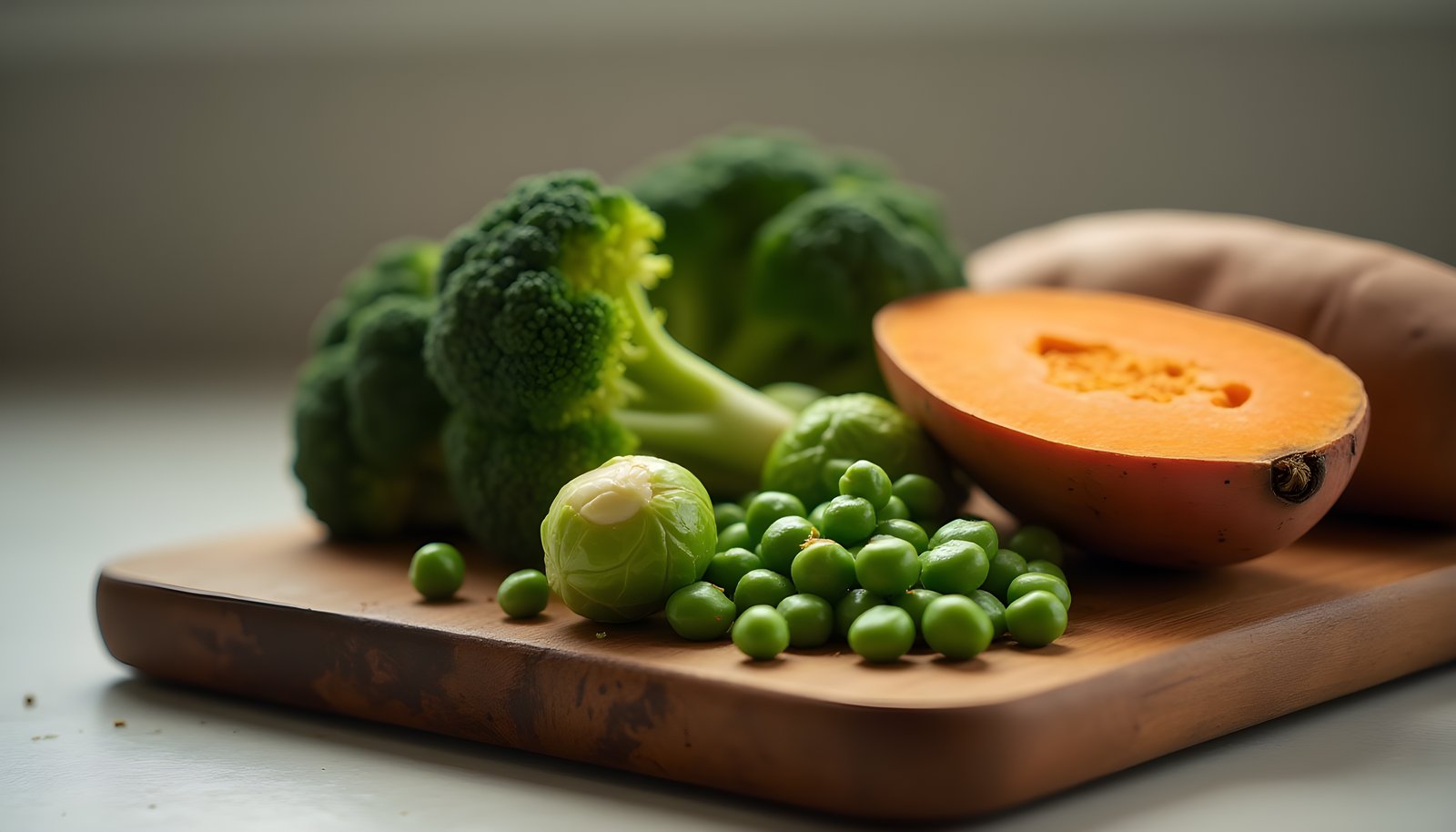 Vegetables high in fiber on a wooden board: broccoli florets, a Brussels sprout, green peas and a halved sweet potato
