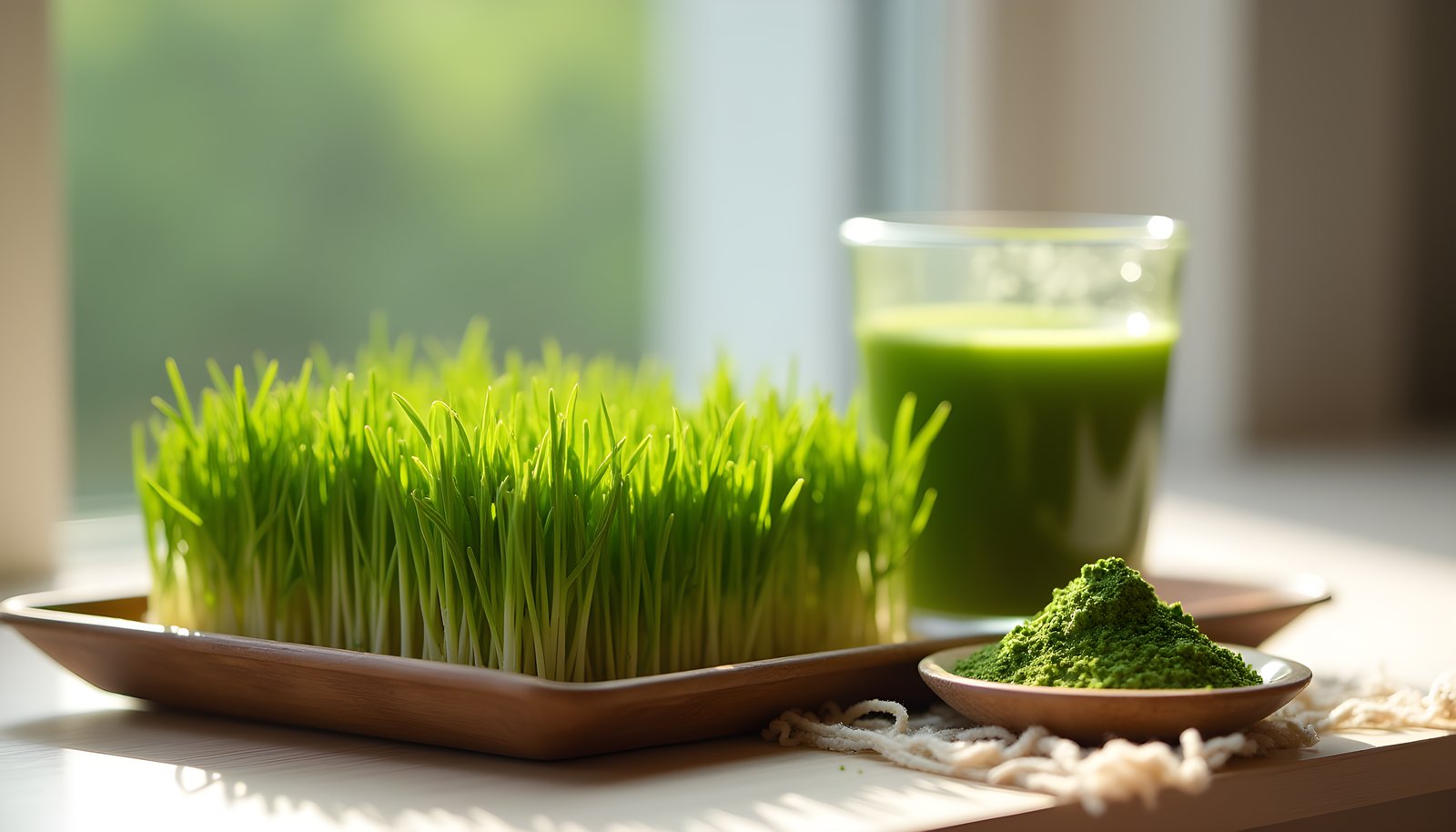 Wheatgrass fiber shown with a tray of fresh green wheatgrass, a glass of wheatgrass juice and a dish of green powder
