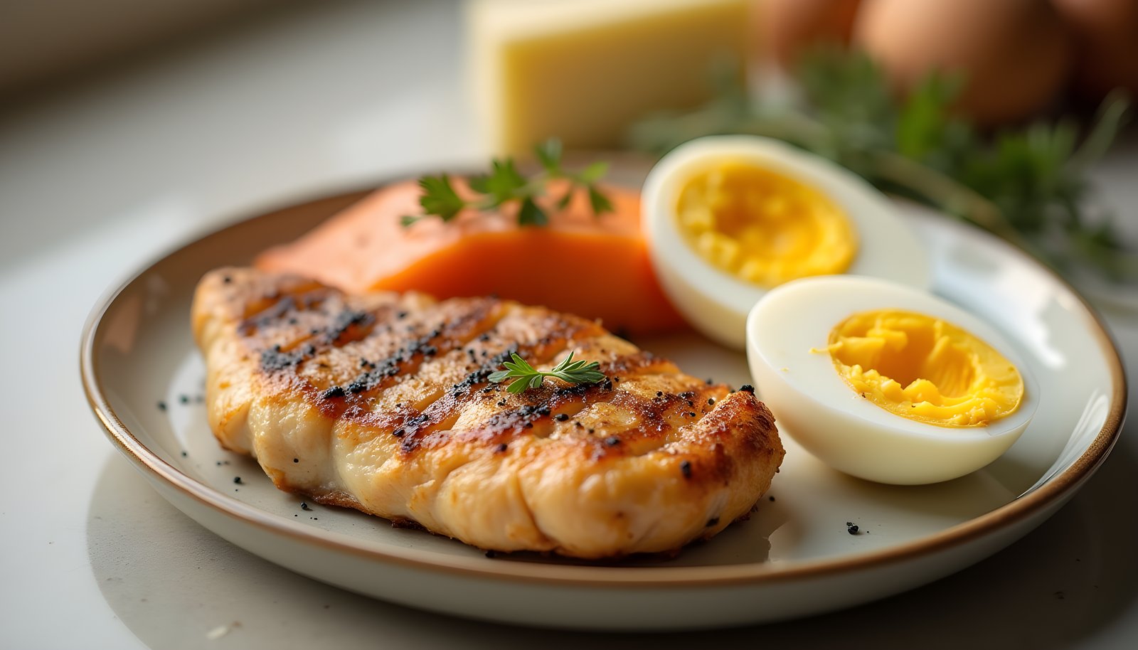 Animal proteins and fiber shown on a plate with a grilled chicken breast, salmon, halved boiled eggs and cheese