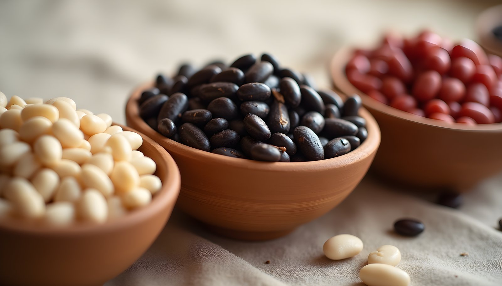 Beans with the most fiber shown in clay bowls of dry white navy beans, black beans and red kidney beans on linen