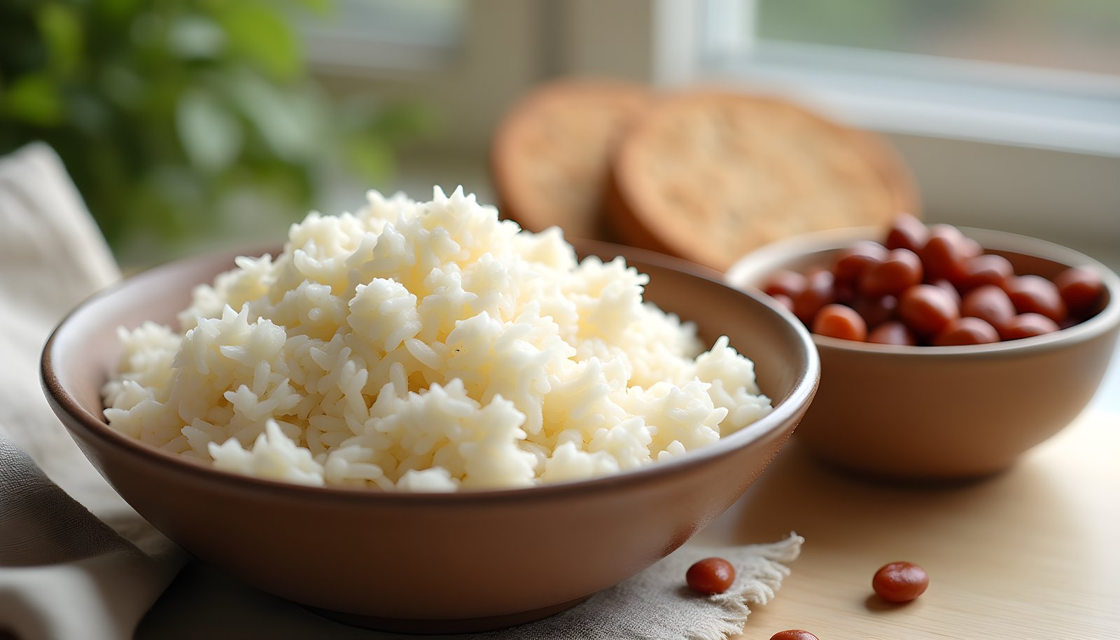 Resistant starch carbs shown with a bowl of cooked white rice beside a small bowl of kidney beans and rye crispbreads