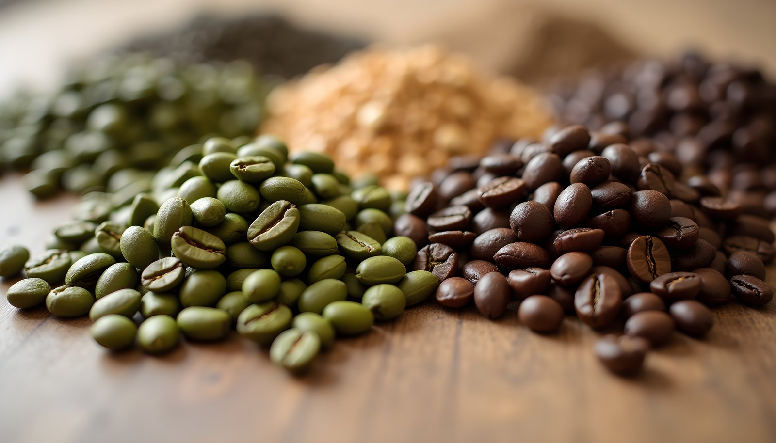 Coffee beans with the most fiber shown with piles of green raw coffee beans, ground coffee and dark roasted beans