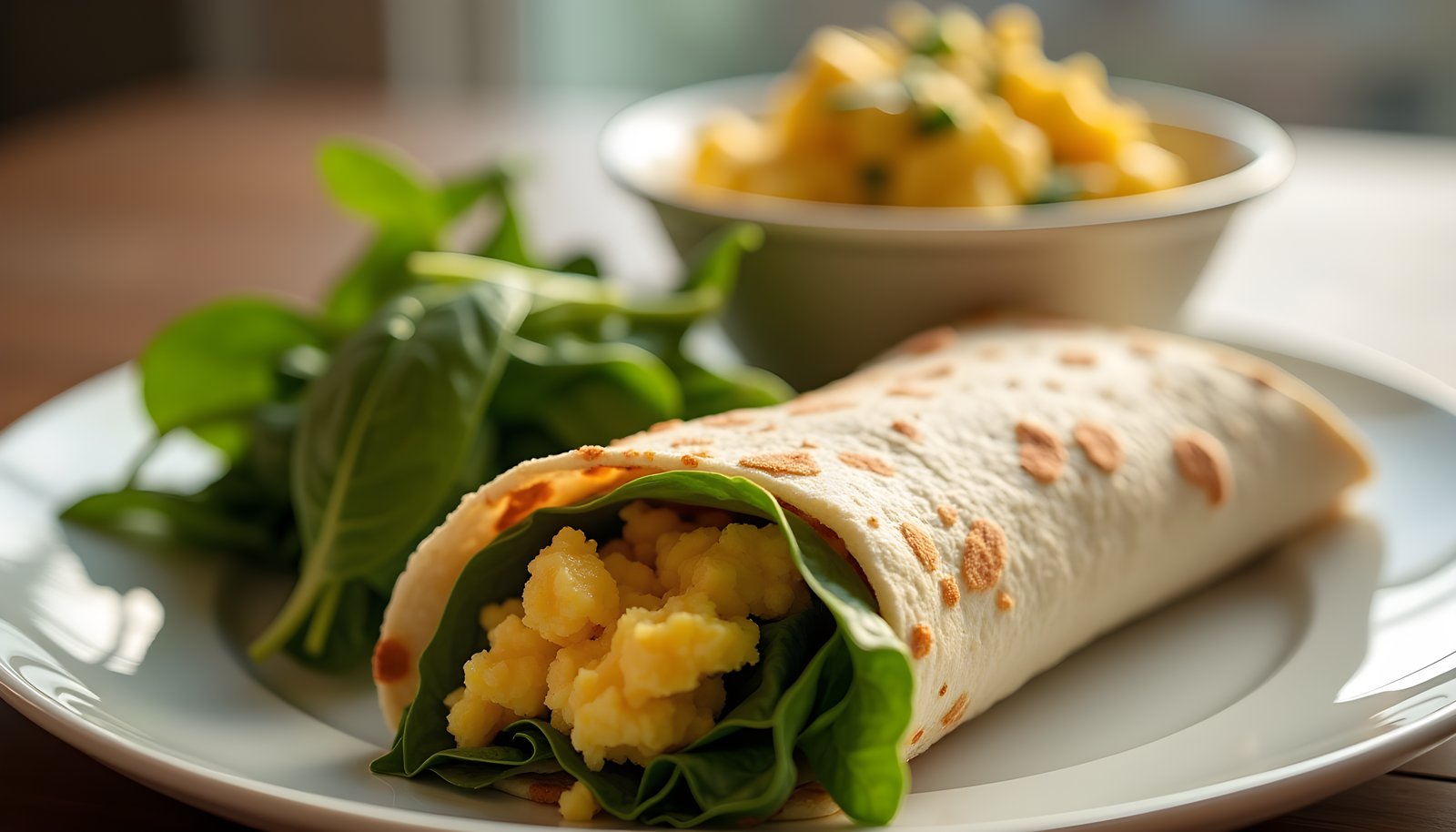 Egg products with added fiber shown with a whole wheat breakfast wrap of scrambled eggs and spinach on a plate