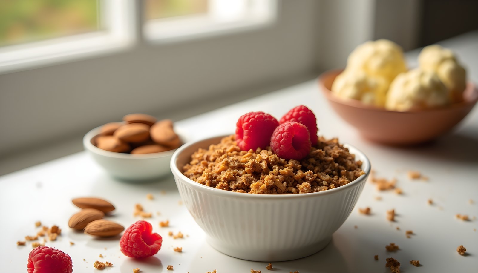 High insoluble fiber foods shown with a bowl of bran cereal topped with raspberries beside almonds and cauliflower