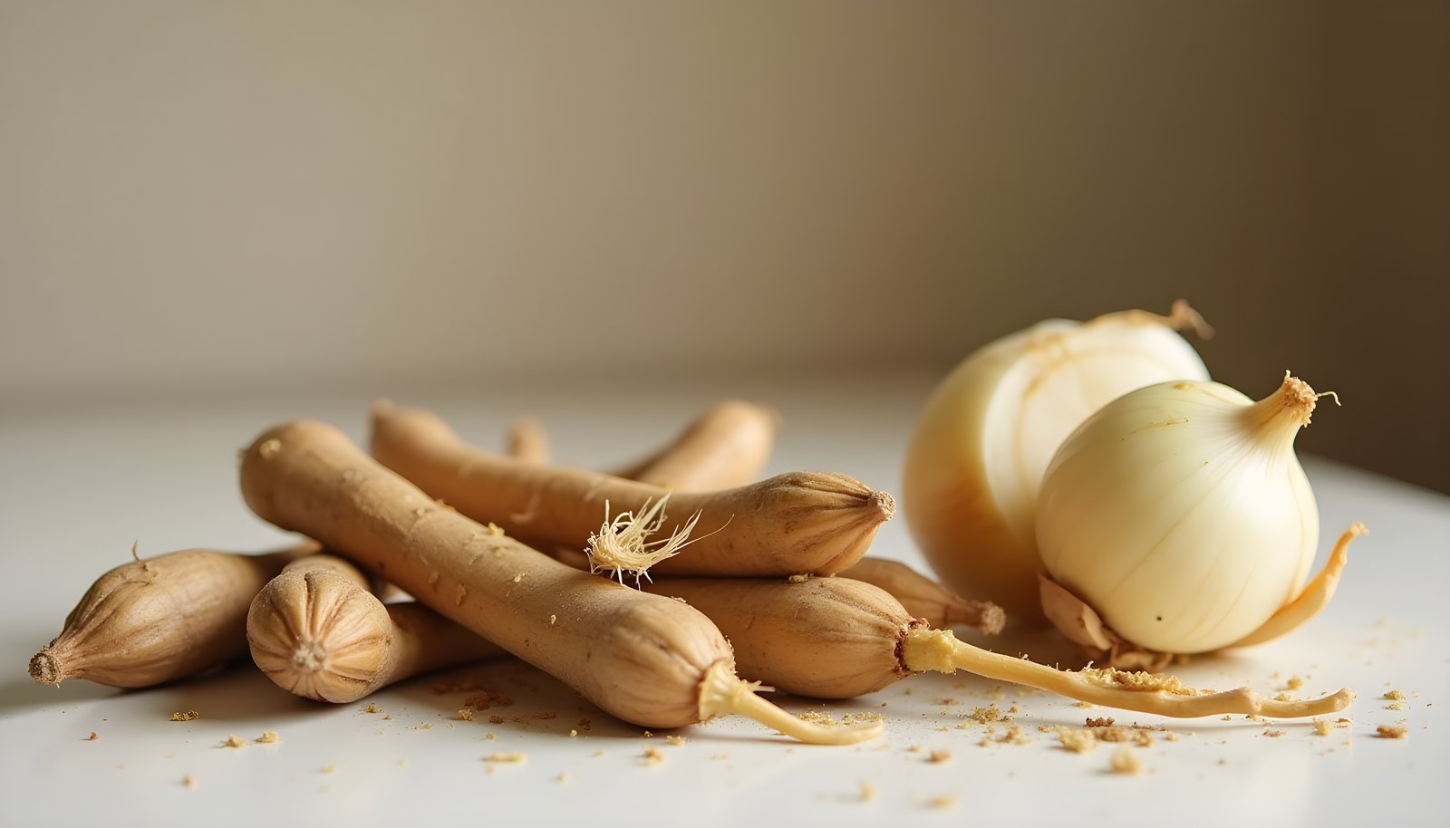 Inulin rich foods shown with long brown salsify roots and small knobbly tubers beside two whole white onions on a table