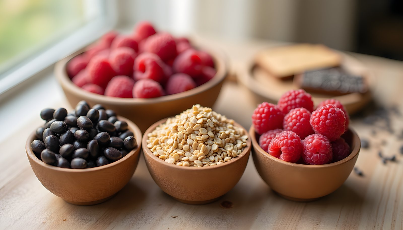 Highest fiber per serving shown in small bowls of black beans, raspberries and bran cereal with chia seeds nearby
