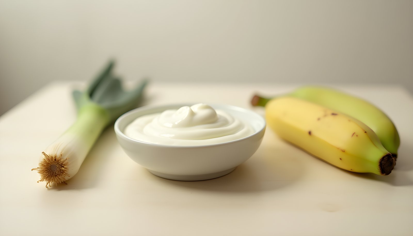 Foods that feed good gut bacteria shown with a bowl of plain yogurt between a fresh leek and two slightly green bananas