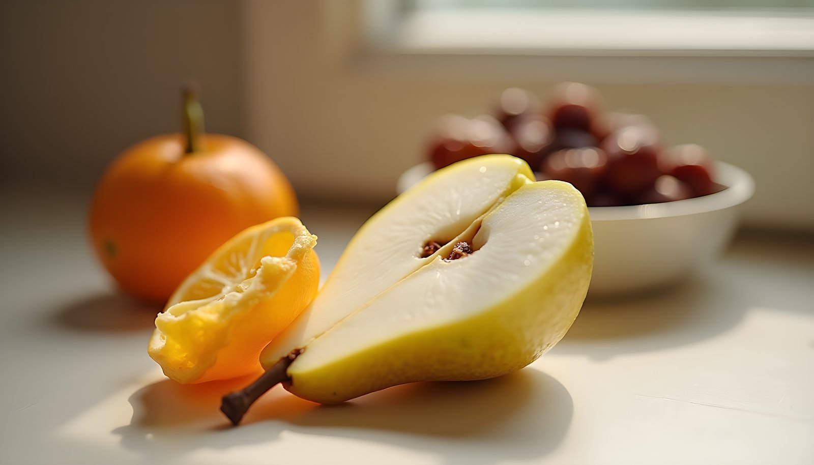 Fruits with soluble fiber shown with a halved ripe pear and an orange beside a small bowl of dark prunes by a window