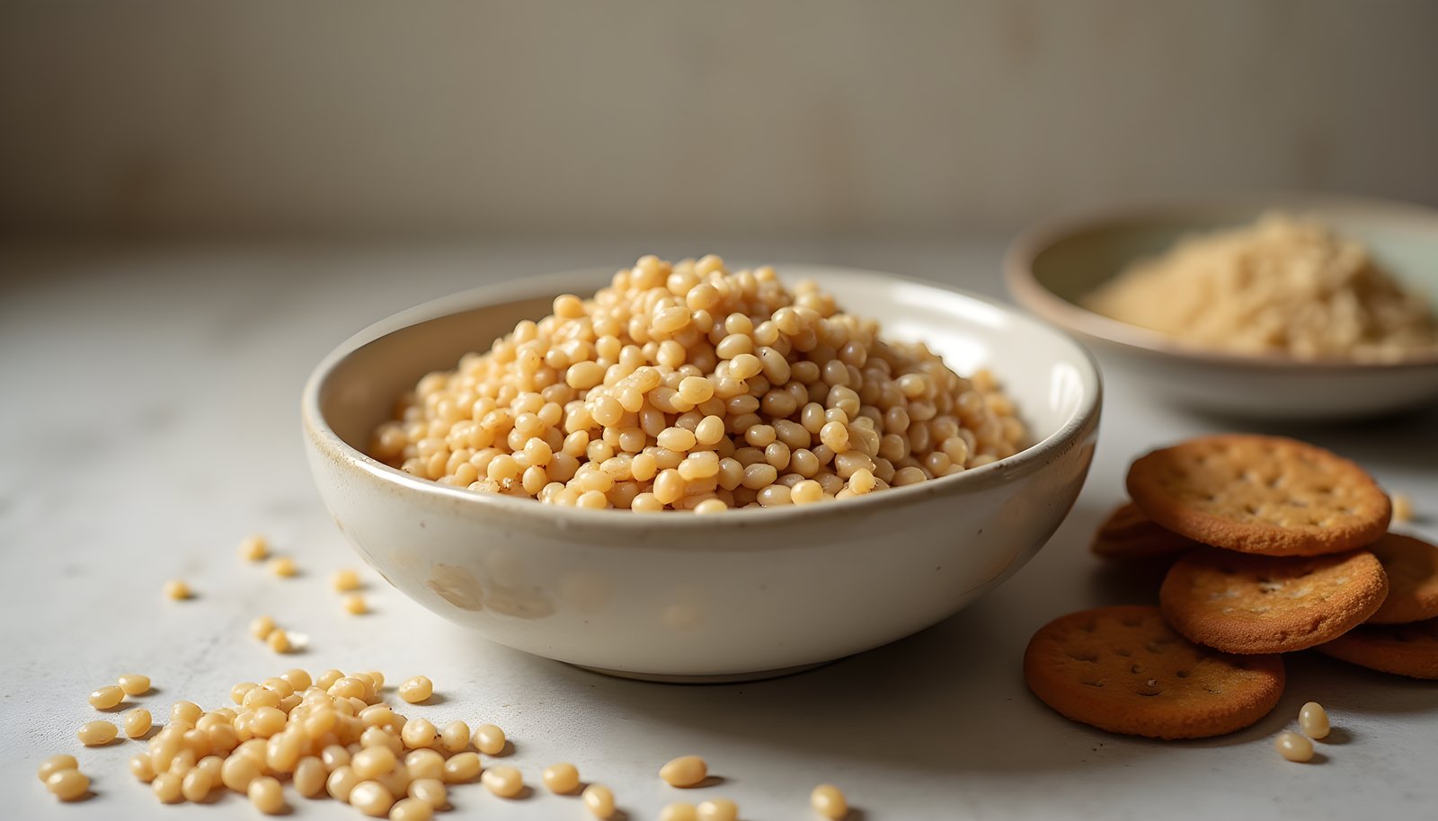 Grains high in resistant starch shown with a bowl of cooked pearl barley beside rye crispbreads and a dish of brown rice