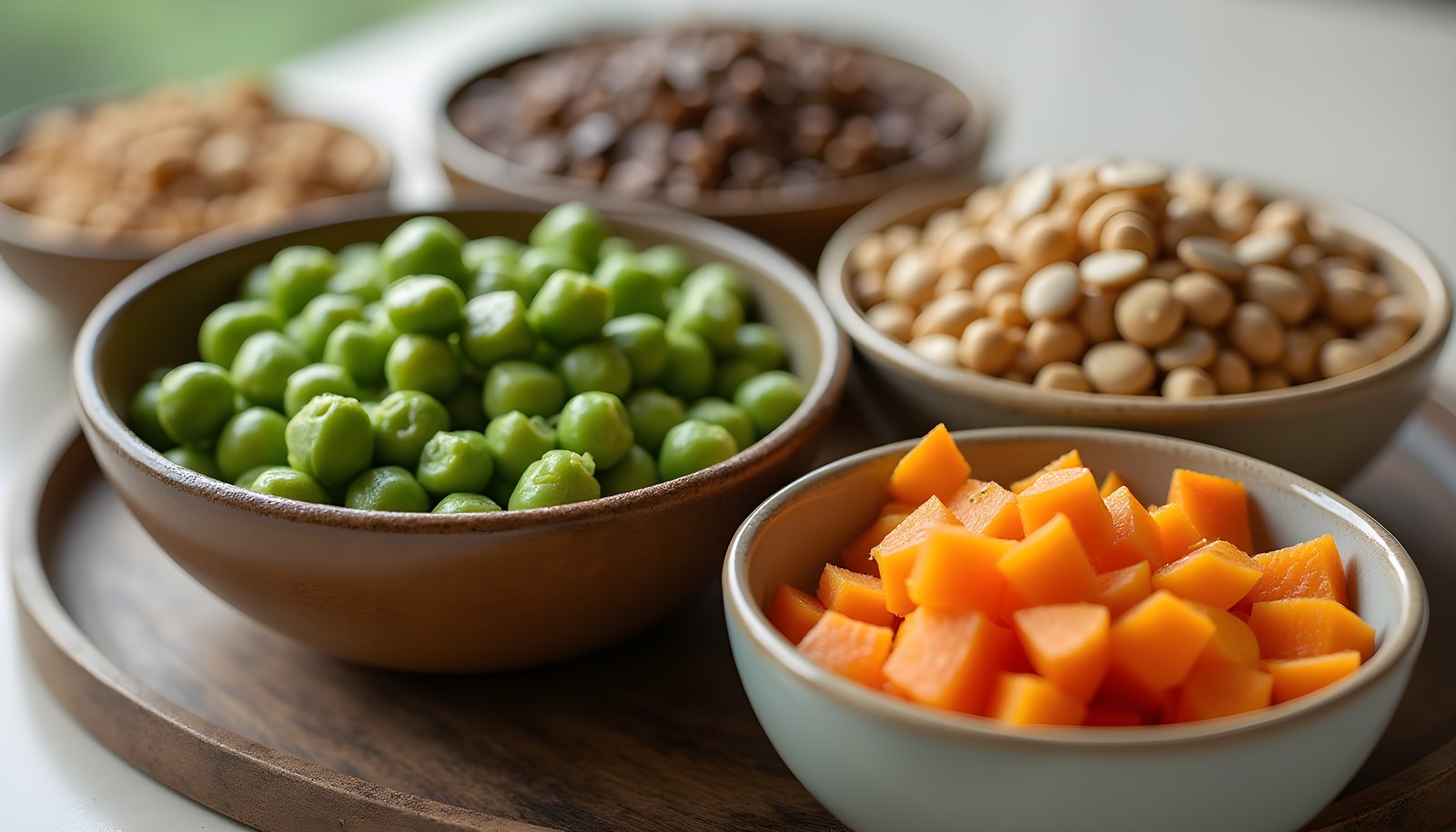 High protein high fiber foods shown in bowls of green edamame, chickpeas, lentils and diced squash on a tray