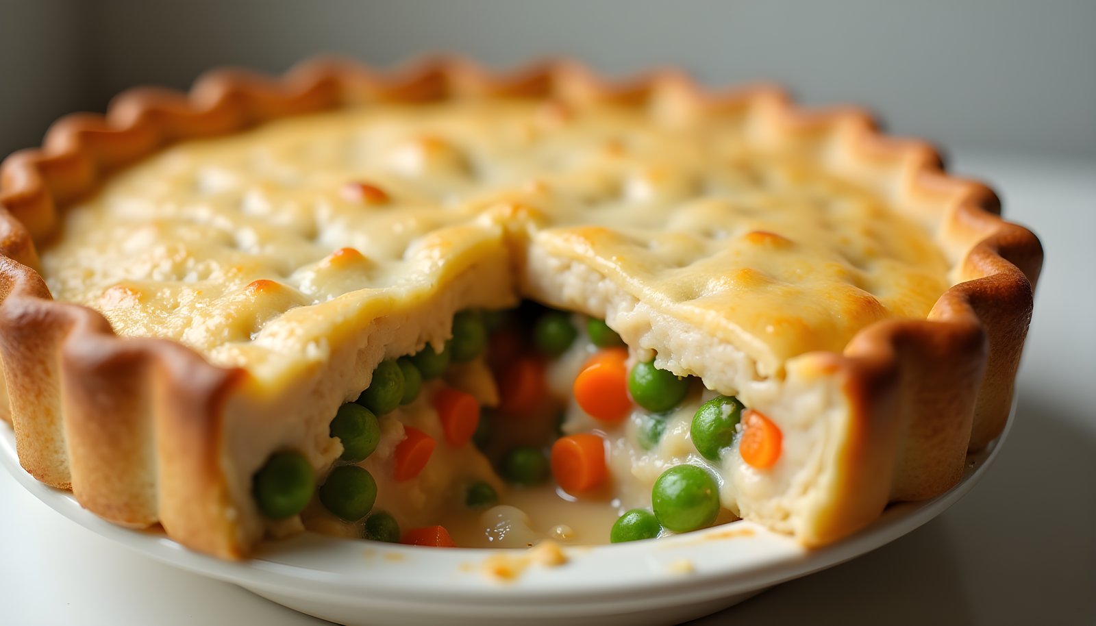 Meat with fiber shown in a homemade chicken pot pie with a slice cut out to reveal peas and carrots in the filling