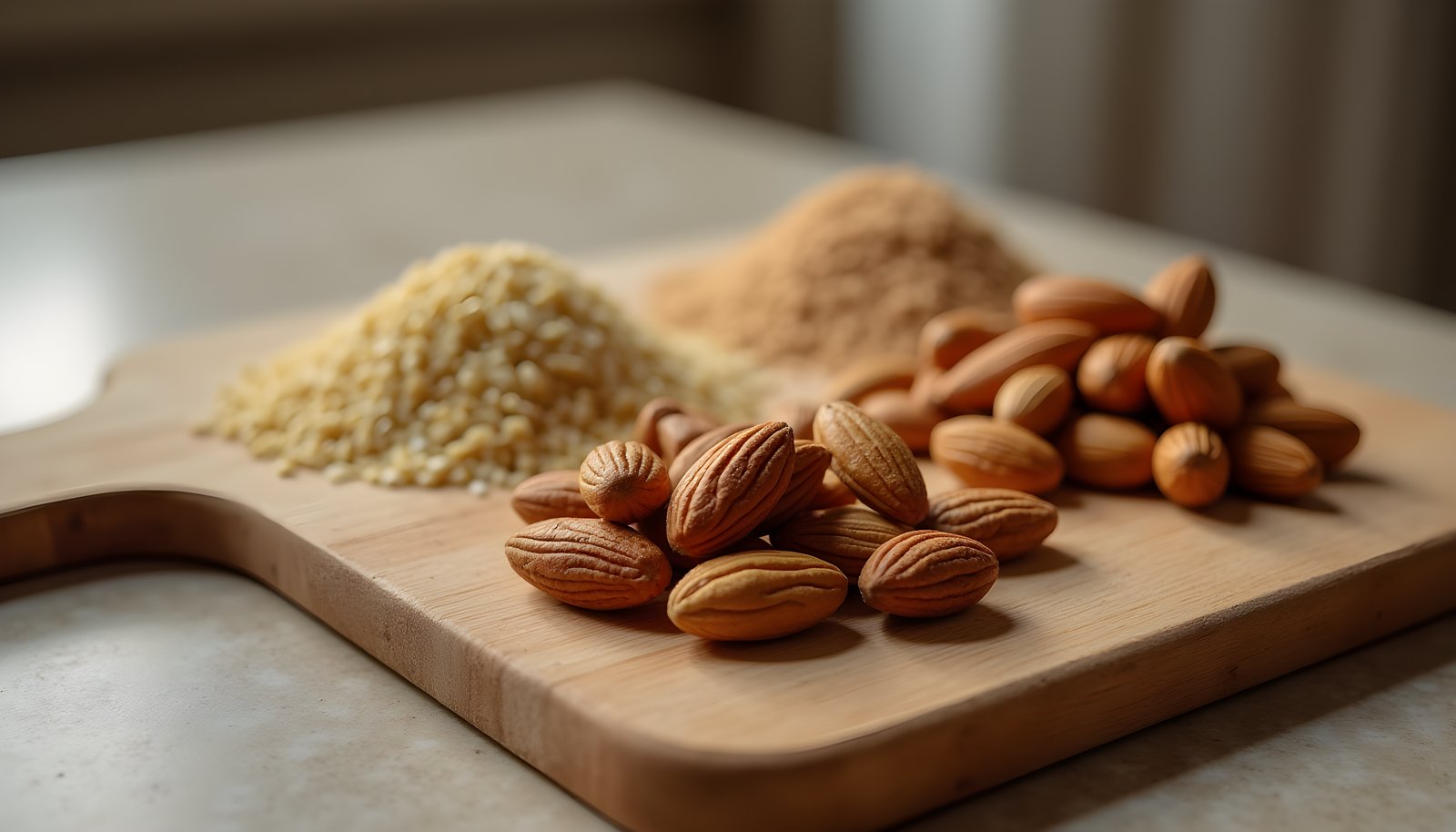 Nuts with the most fiber shown with a pile of whole almonds and small mounds of ground nuts on a wooden board
