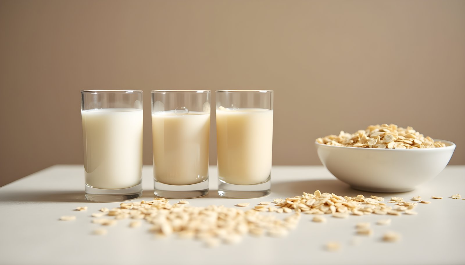 Plant milk fiber comparison shown with three small glasses of oat, soy and almond milk beside a bowl of rolled oats