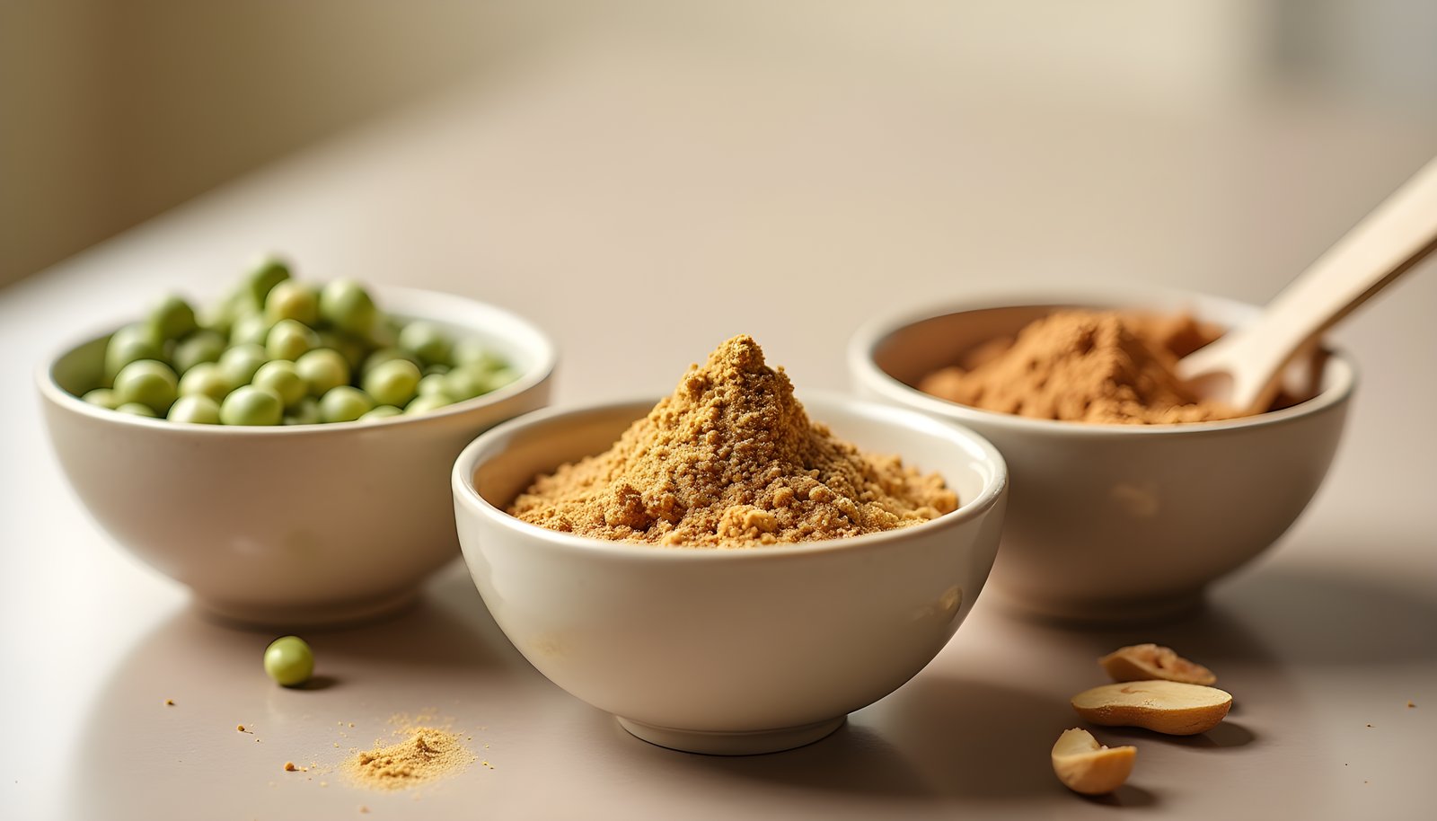 Protein powders with the most fiber shown in small bowls of pea protein, hemp protein and peanut powder with a scoop