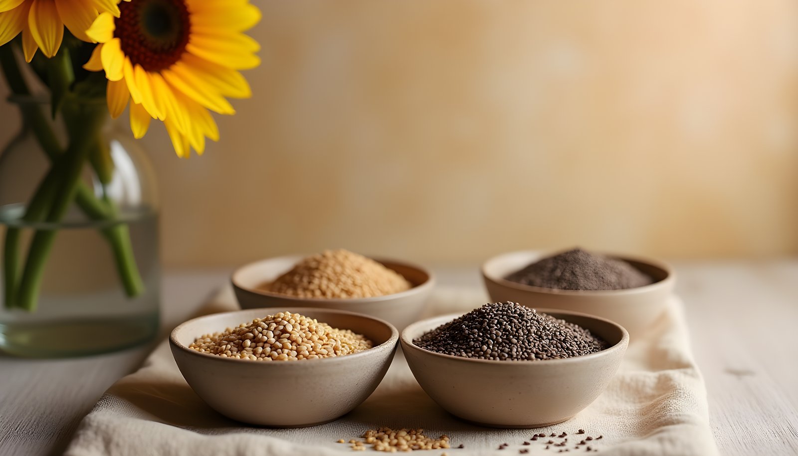 Seeds with the most fiber shown in four small bowls of chia, flax, hemp and sesame seeds next to a sunflower
