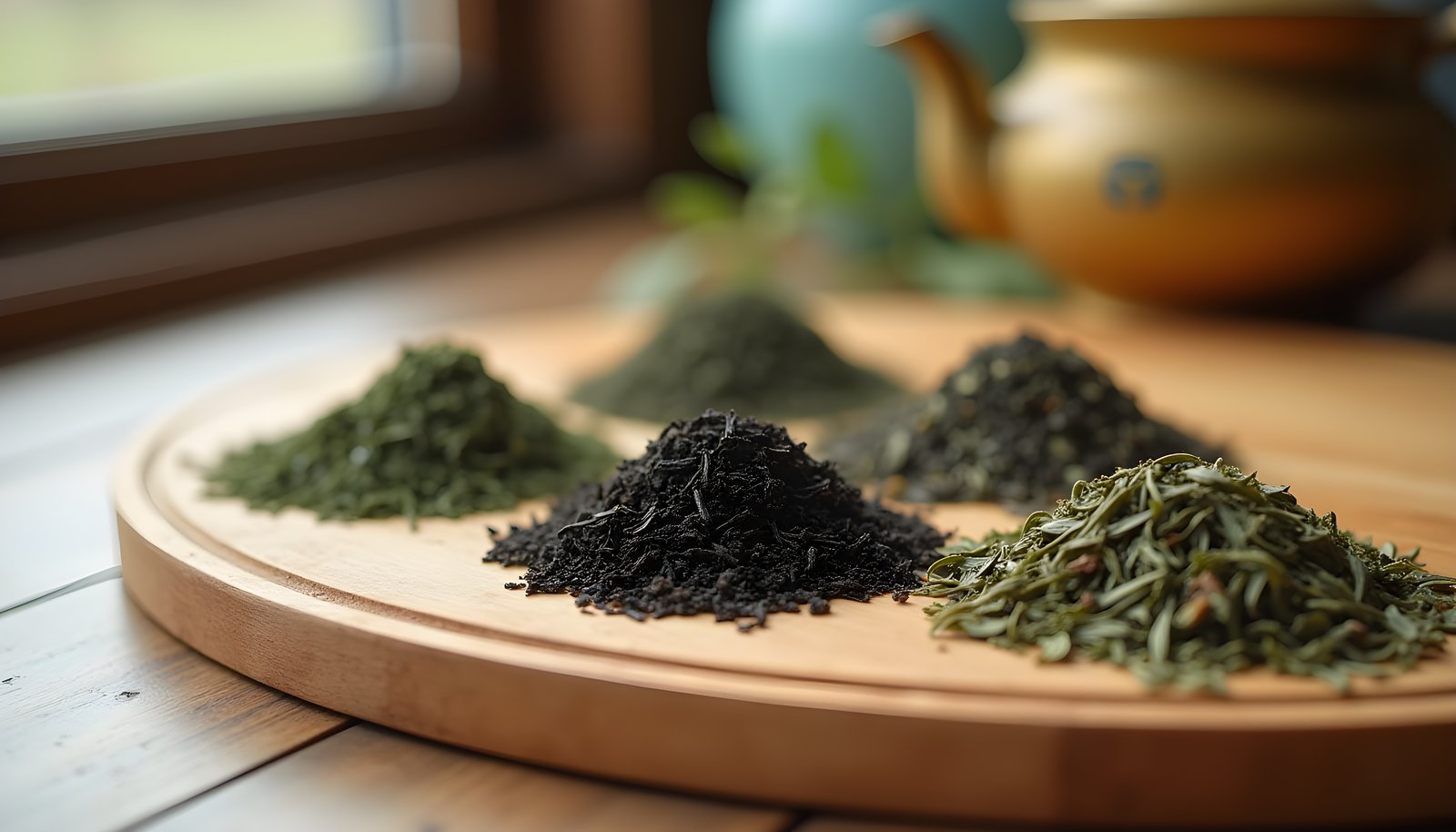 Tea leaves with the most fiber shown as small piles of loose green, black and oolong tea leaves on a round board