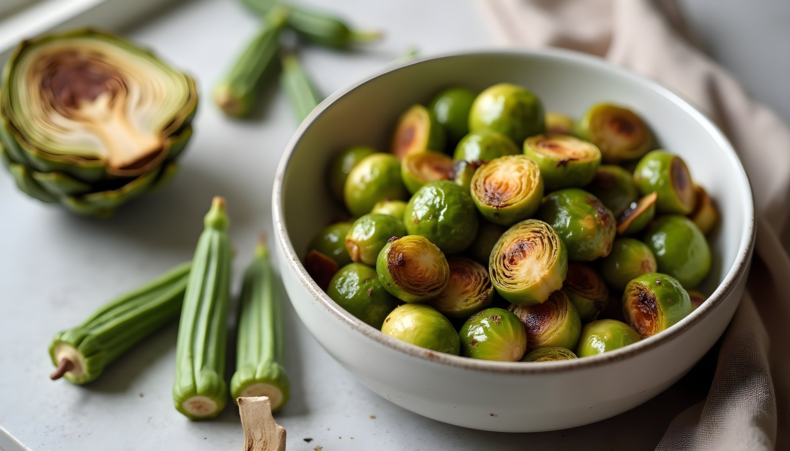 Vegetables with soluble fiber shown with a bowl of roasted Brussels sprouts beside a halved artichoke and fresh okra pods