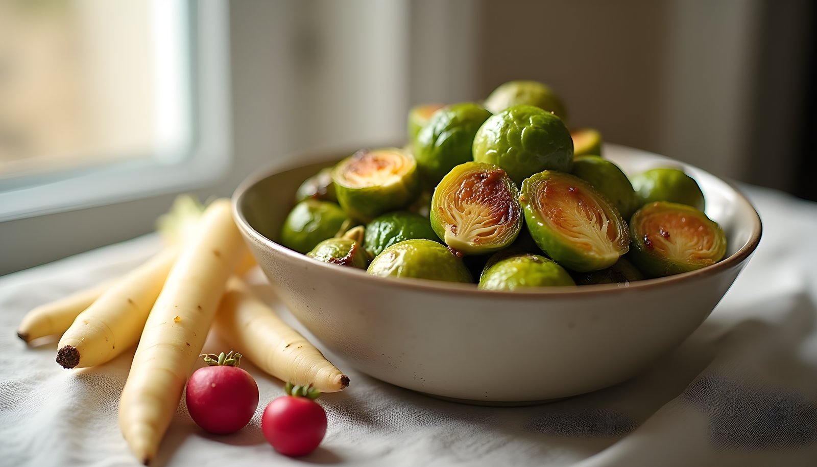 Vegetables high in insoluble fiber shown with a bowl of roasted Brussels sprouts beside parsnips and red radishes