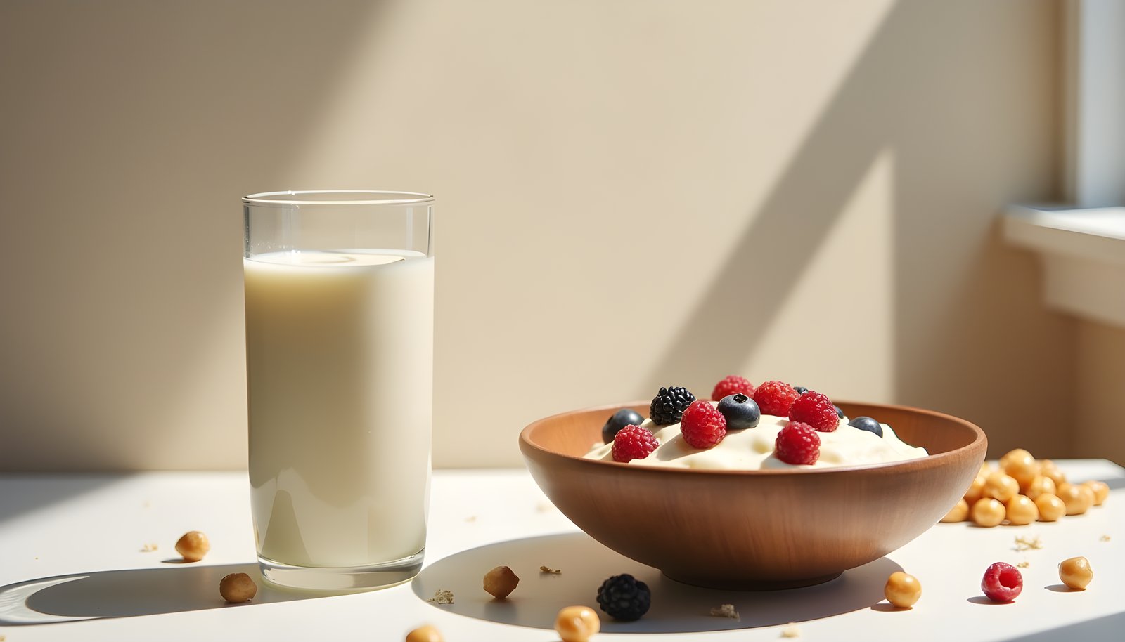 Vegetarian proteins with fiber shown with a glass of oat milk, a bowl of yogurt with berries and scattered chickpeas