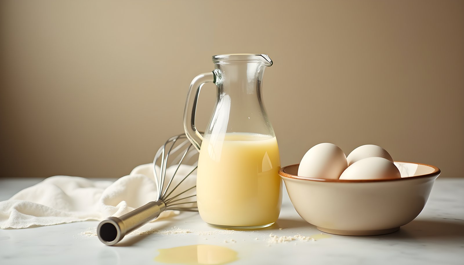 Egg substitute fiber shown with a glass pitcher of liquid egg, a bowl of whole eggs and a metal whisk on a table