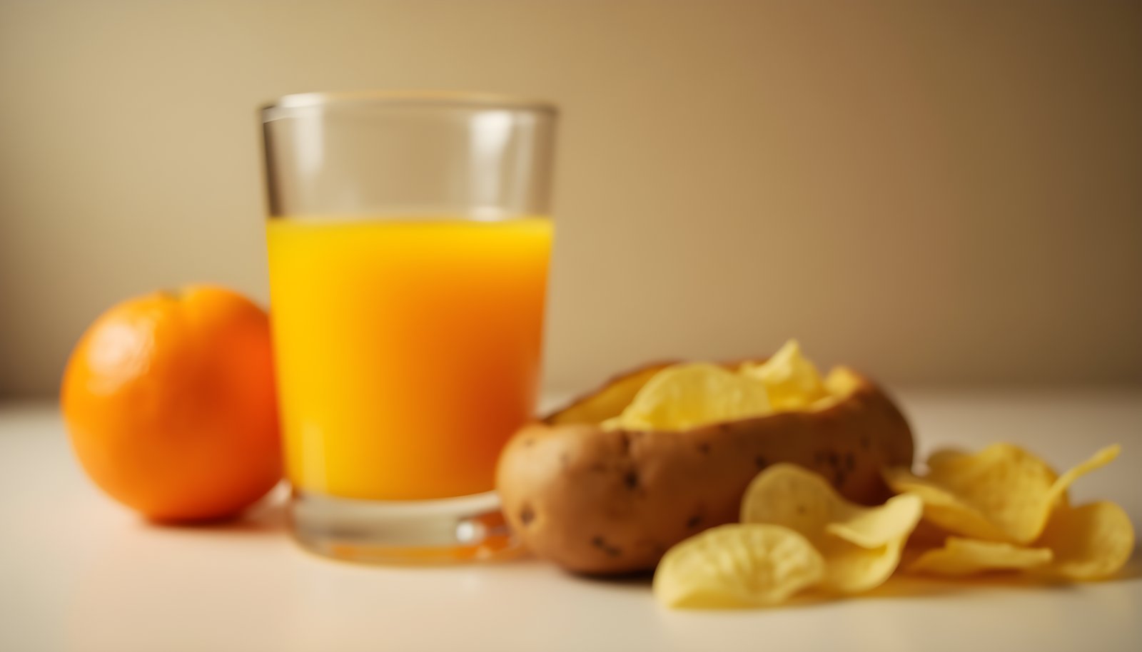 Whole vs processed food fiber shown with a whole orange beside orange juice and a baked potato beside potato chips