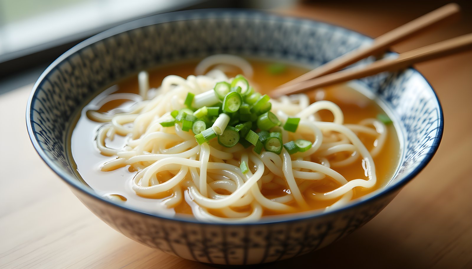 Konjac fiber shown with a patterned bowl of thin shirataki noodles in light broth topped with scallions and chopsticks
