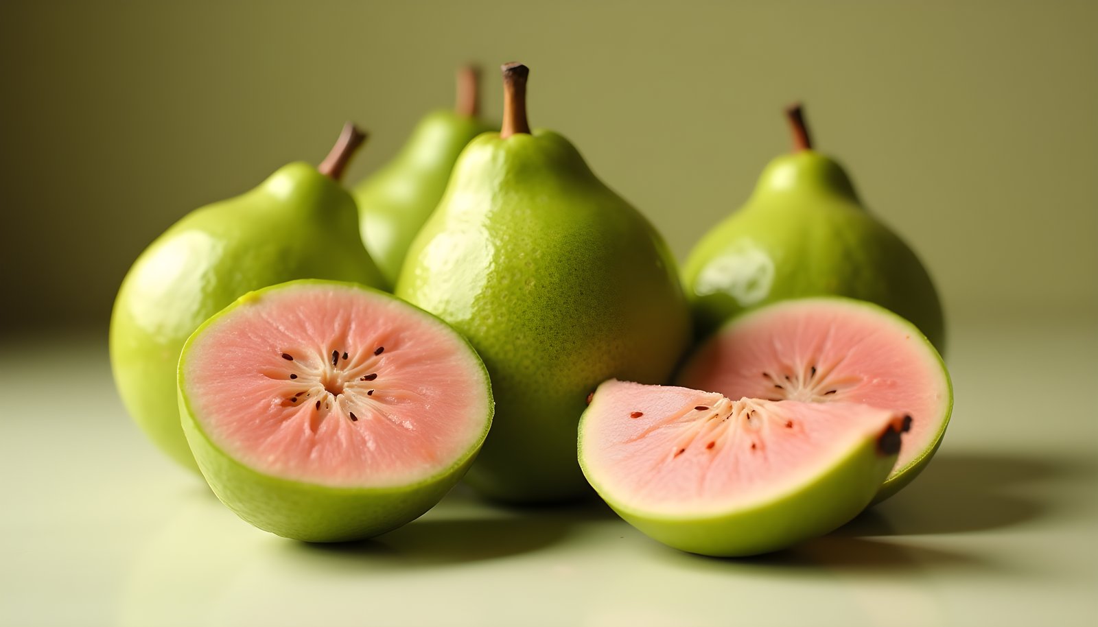 Guava fiber shown with whole green guavas and guavas cut in half to reveal pink flesh with a seeded center